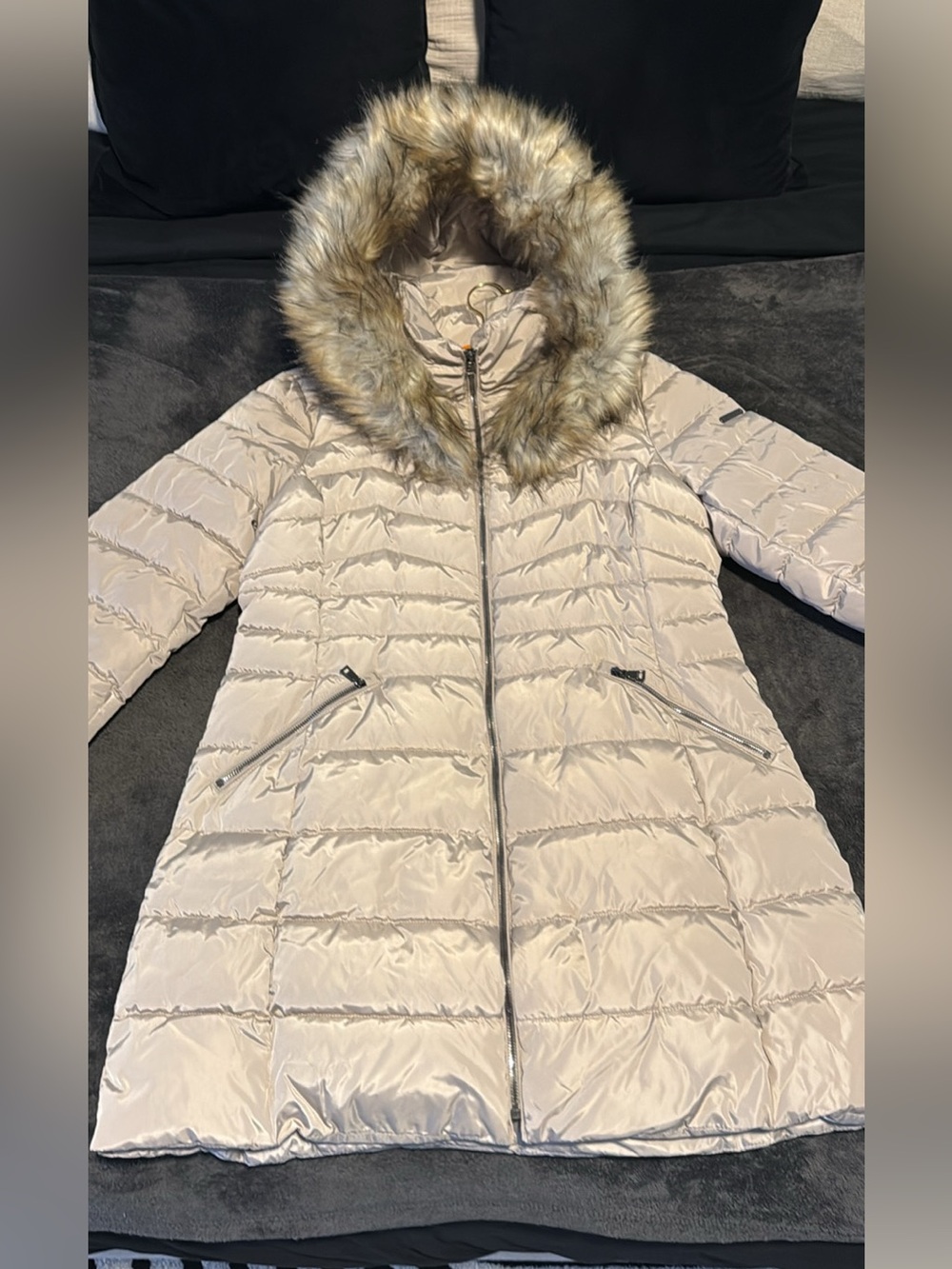 Laundry By Shelli Segal Cream Quilted Long Puffer with Faux Fur Hood